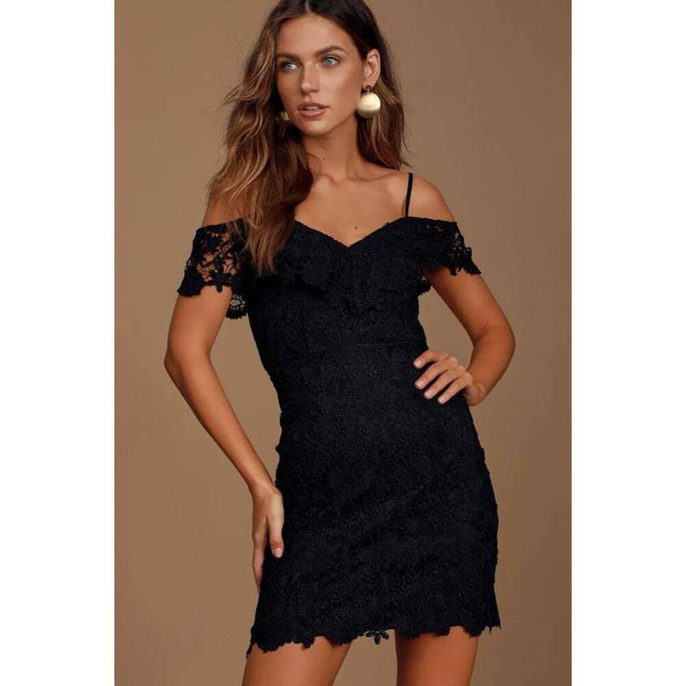 Lulus Crochet Cutie Black Crochet Lace Off-the-shoulder Dress - Size S